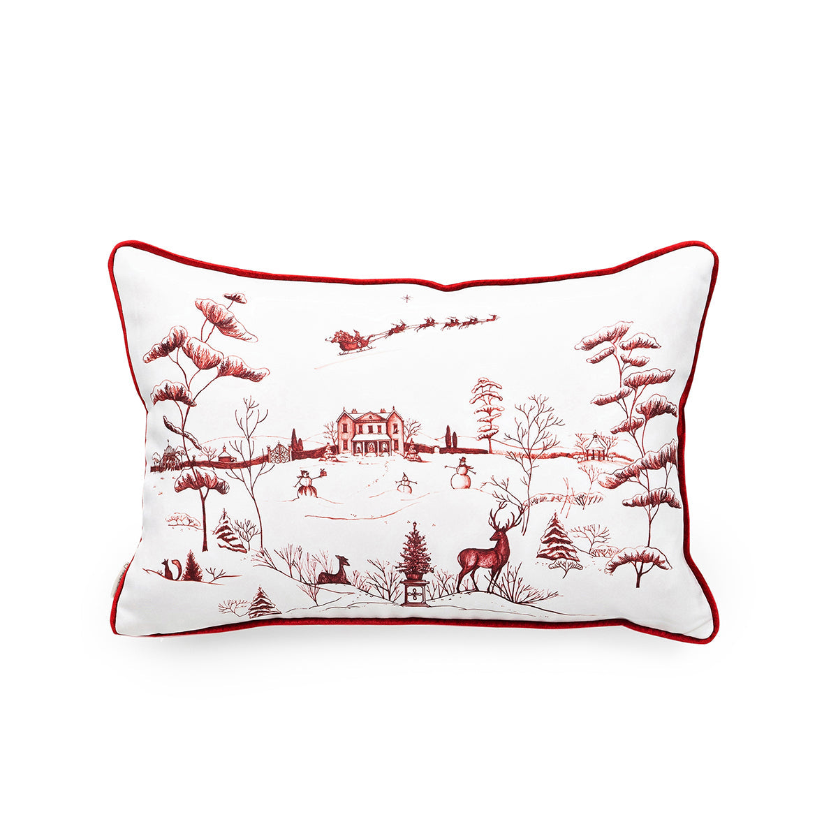 Feather your nest for the Holidays with this gorgeous ruby red and white decorative pillow, featuring illustrations of our snow covered Country Estate. Find woodland creatures, playful snowmen and Santa and his sleigh flying over the Main House, and enjoy a festive plaid motif on the back for possible reversible display.