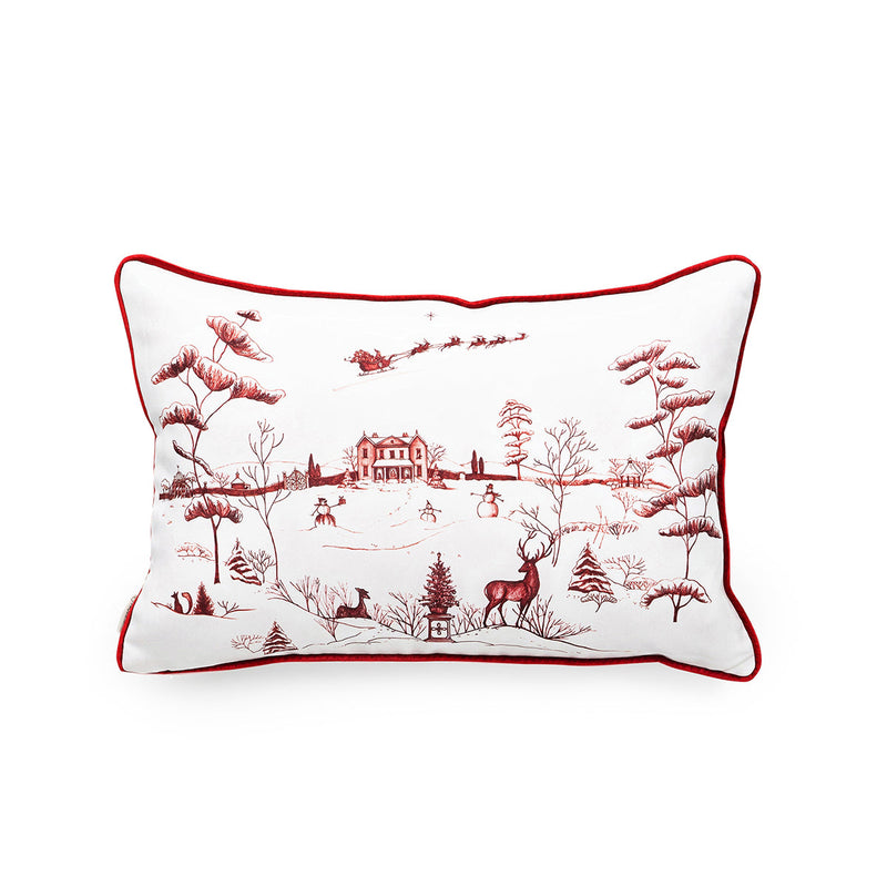 Feather your nest for the Holidays with this gorgeous ruby red and white decorative pillow, featuring illustrations of our snow covered Country Estate. Find woodland creatures, playful snowmen and Santa and his sleigh flying over the Main House, and enjoy a festive plaid motif on the back for possible reversible display.
