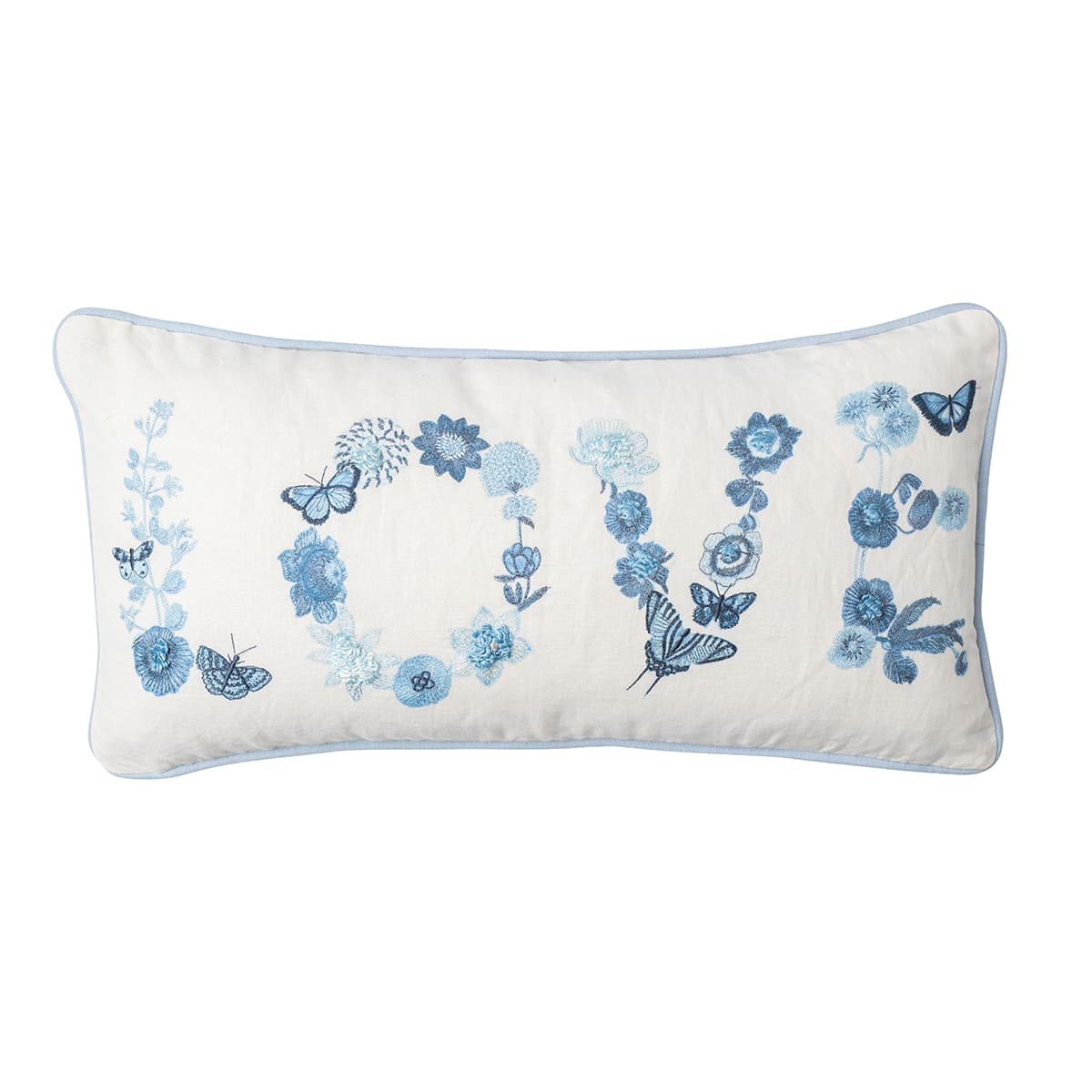 Featuring intricate blue floral embroidery spelling out one of our favorite sentiments LOVE on one side, and our Tartan Chambray on the reverse, this pillow will make a beautiful statement in any room you place it.