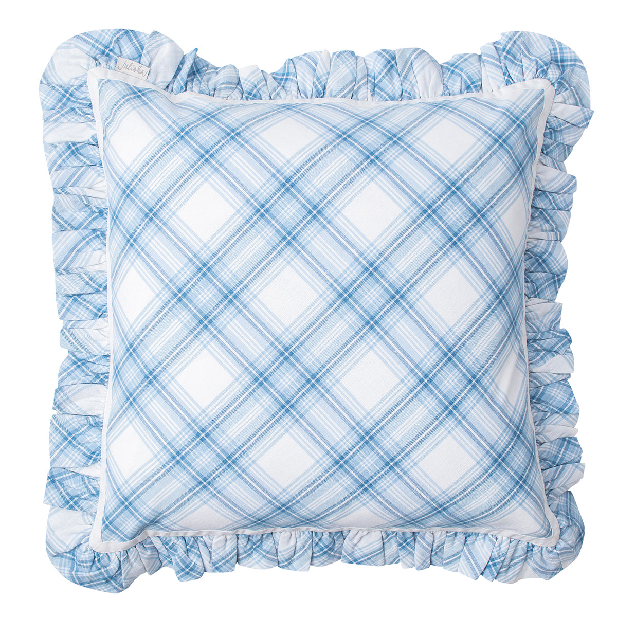 Accent your living room, bedrooms or sitting room with classic Tartan in soft, Chambray blue hue! This 18-inch plaid pillow with a romantic ruffle border will bring a welcome amount of whimsy to every room.