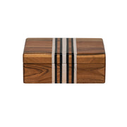 Wooden box with black and white stripe design on a white background