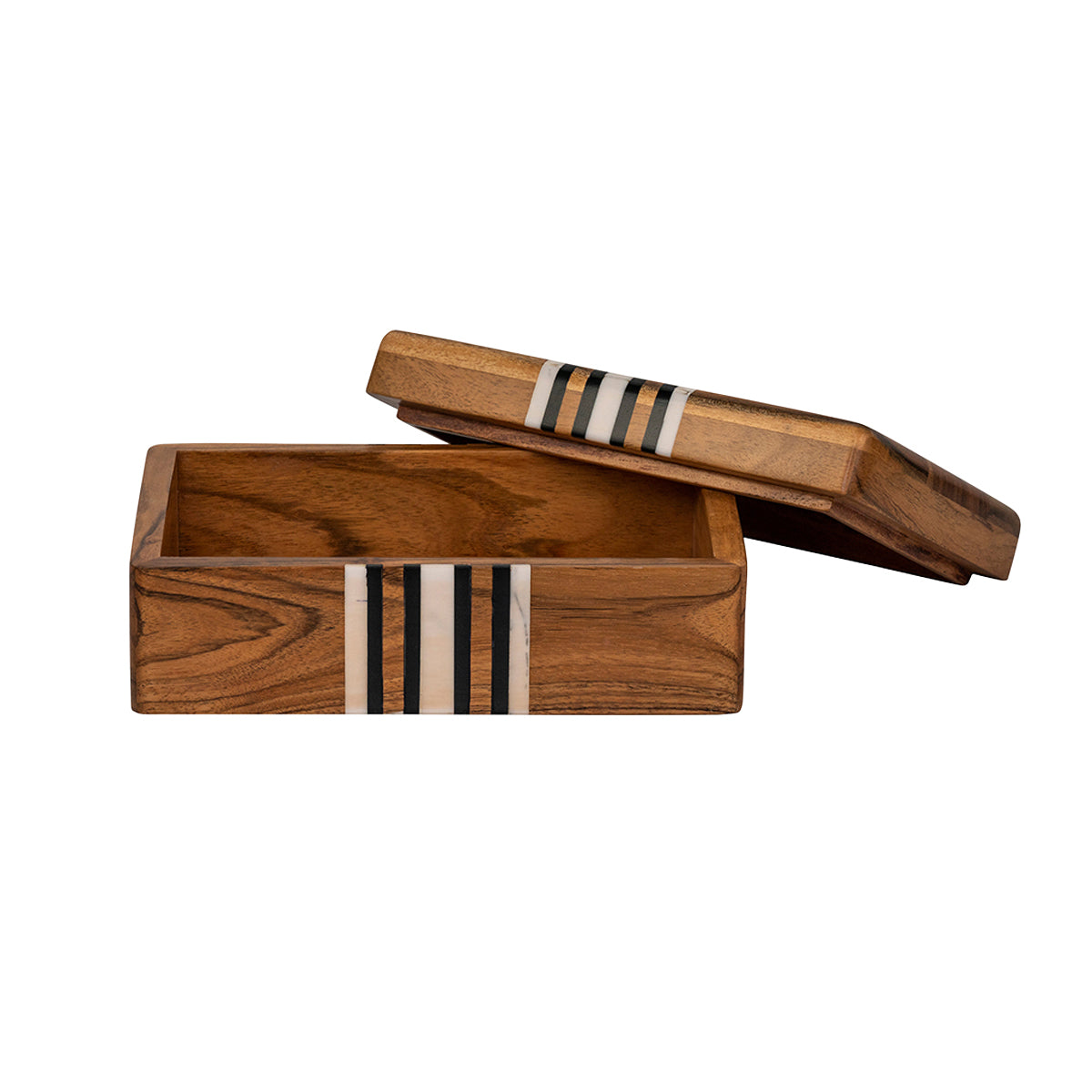 Wooden box with a striped pattern on a white background