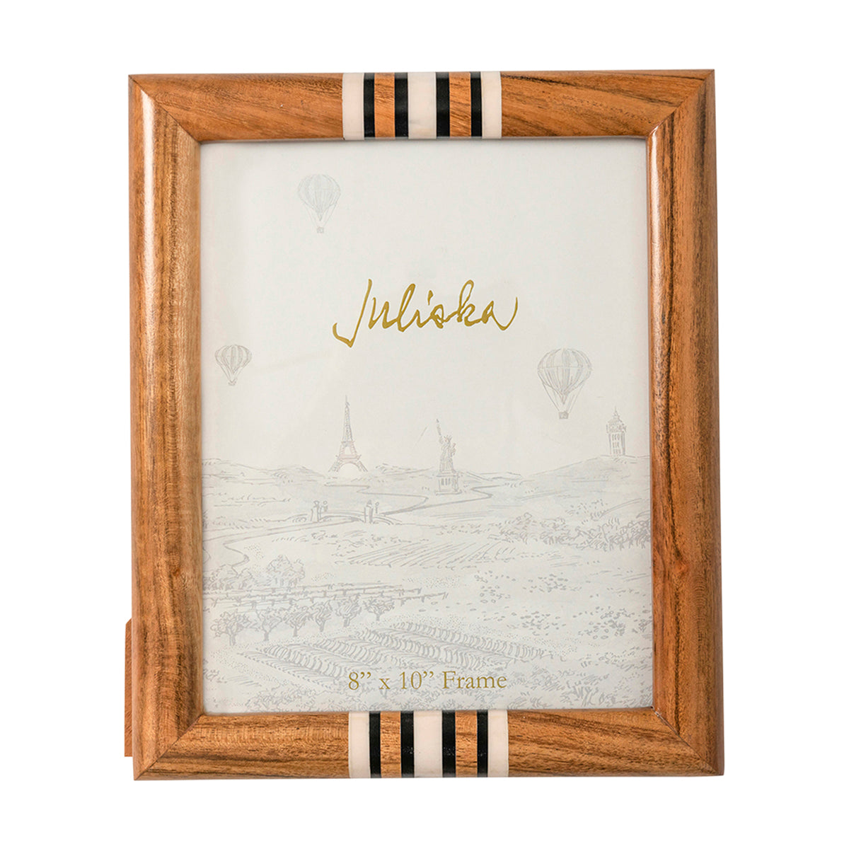 Wooden picture frame with decorative ribbon on a white background