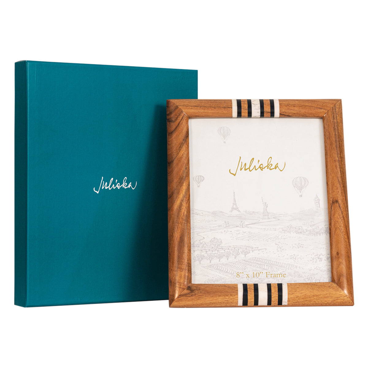 Wooden picture frame with striped ribbon and teal box on a white background