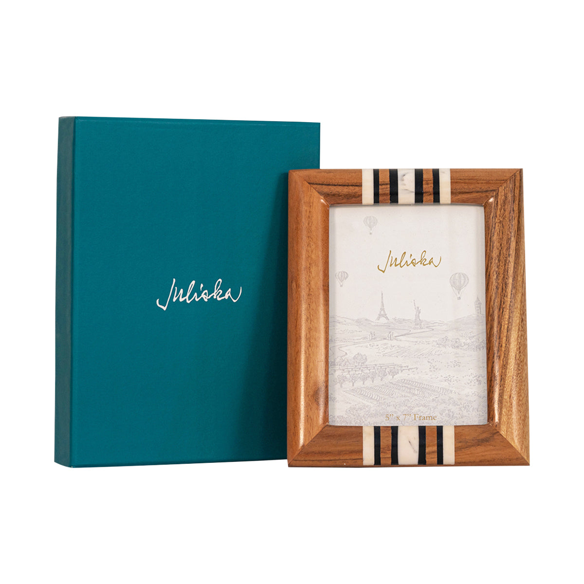 Wooden photo frame with striped design next to a teal gift box on a white background