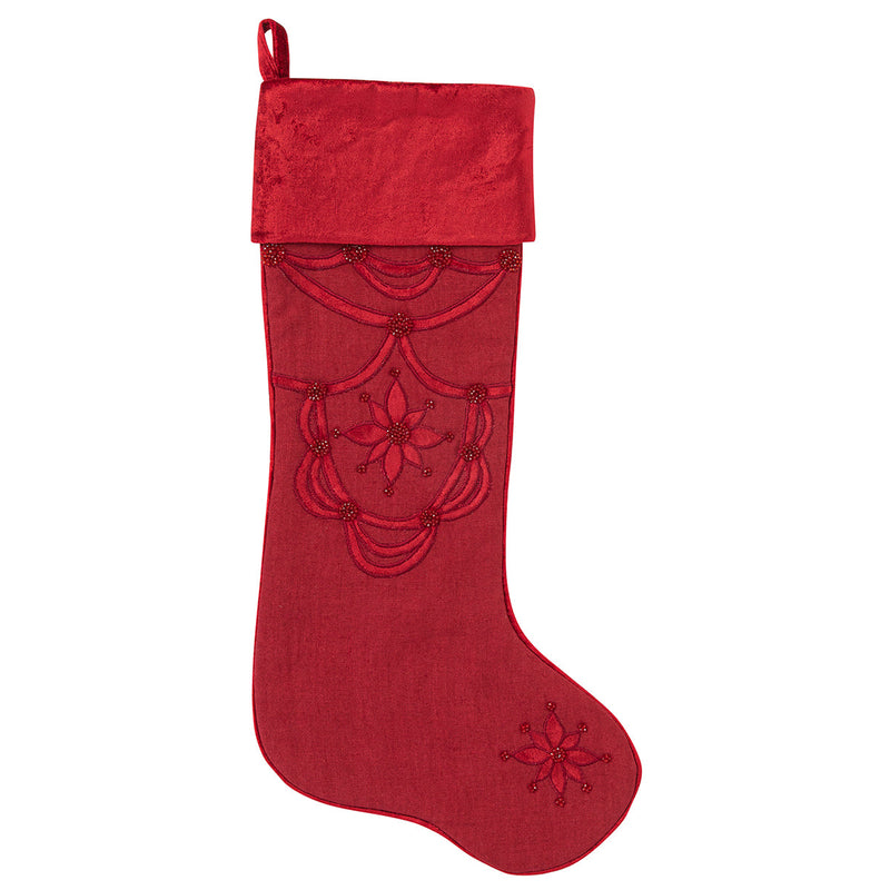 This festive ruby red stocking with velvet applique trim, glass beads and embroidered threads and berries throughout, will hang beautifully from your mantle all Holiday season long.