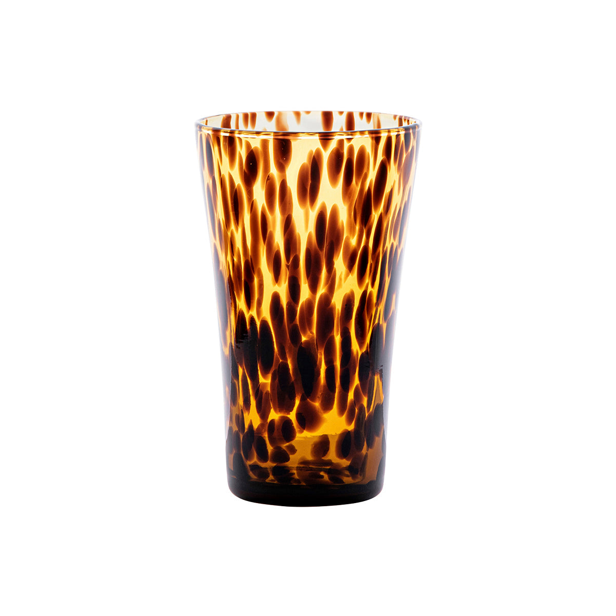This richly hued tortoiseshell stemless wine glass, with translucent brown body and dark specks, with handsomely hold a variety of beverages from hand-crafted cocktails to craft beers.
