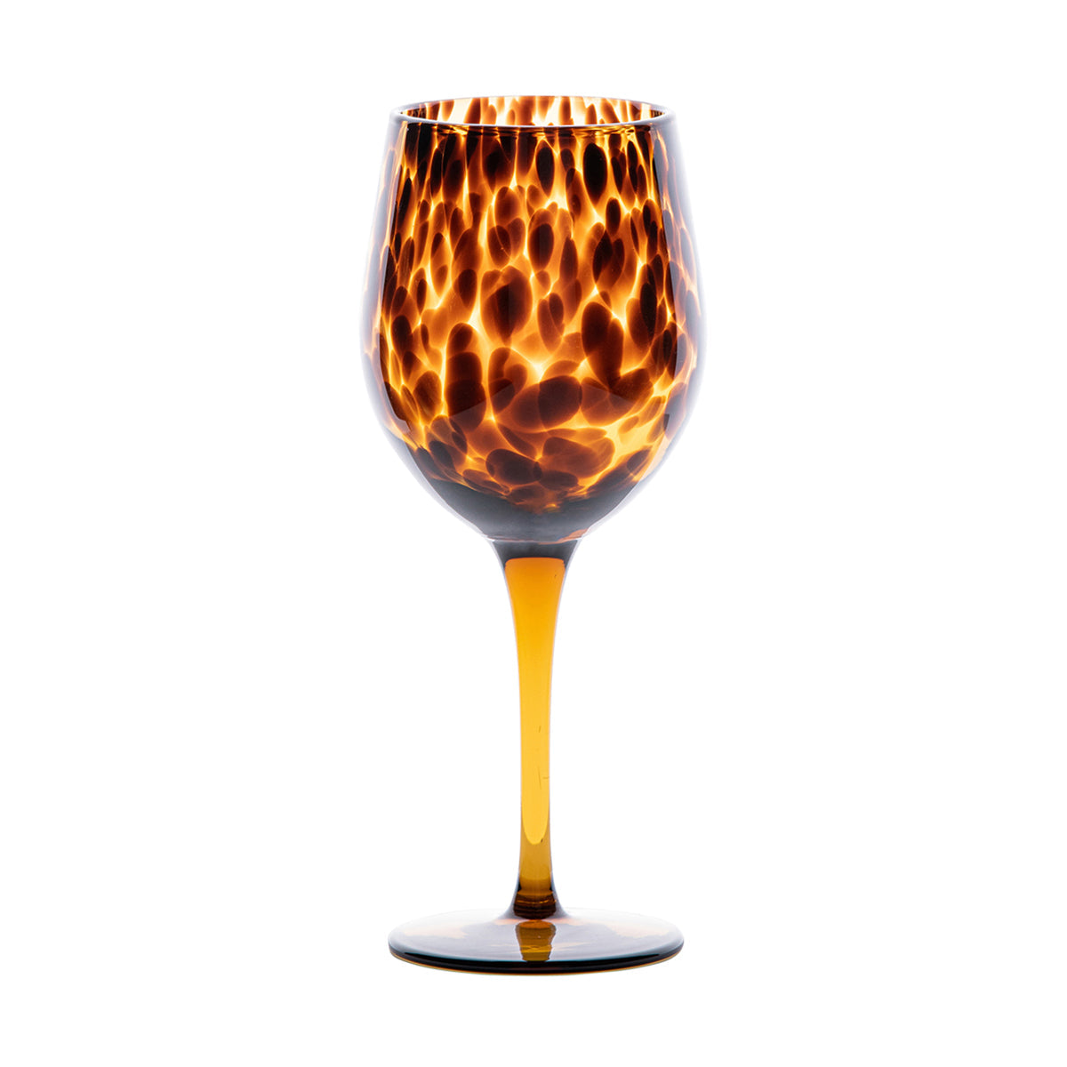 This richly hued tortoiseshell wine glass, with translucent brown body and dark specks, is a handsome glass from which to enjoy your favorite vintage. 