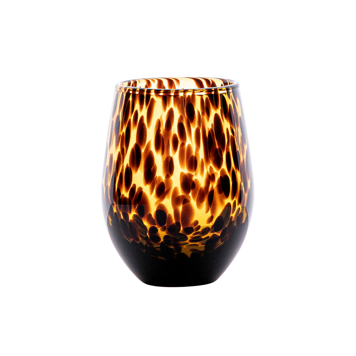 This richly hued tortoiseshell stemless wine glass, with translucent brown body and dark specks, is perfectly poised to hold your favorite vintage, cocktail or mocktail of choice. 