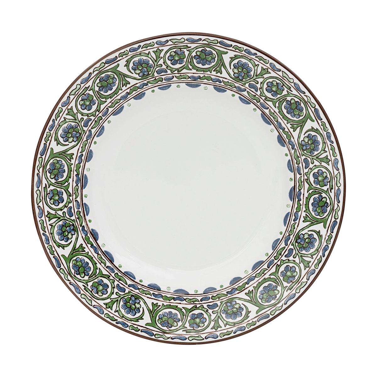 Juliska and Veronica Beard bring you a collaboration of dinnerware inspired by the colors and patterns of the Iberian coast. This dinner plate is banded with watercolored artwork evoking bohemian style.