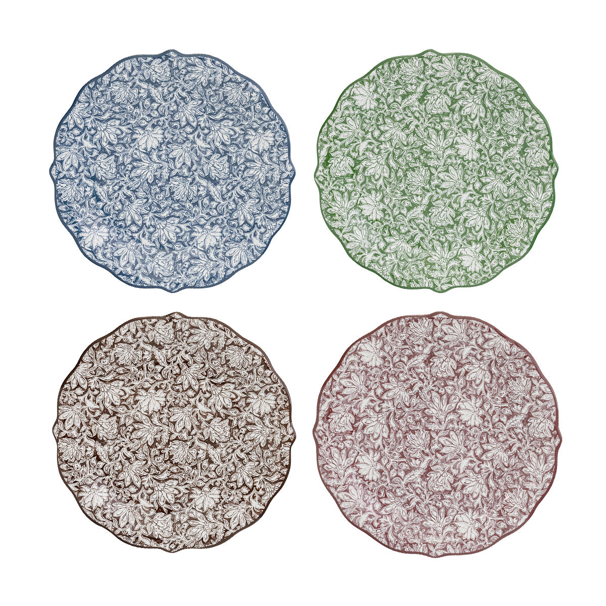 This set of four scalloped party plates, each featuring an allover floral motif in a unique hue, make a chic statement when layered into alternating place settings or stacked on a buffet table for cocktail bites. Packaged in a gift box, this set would make a great gift for a generous hostess or to bestow upon a Bohemian style-inclined friend's birthday.