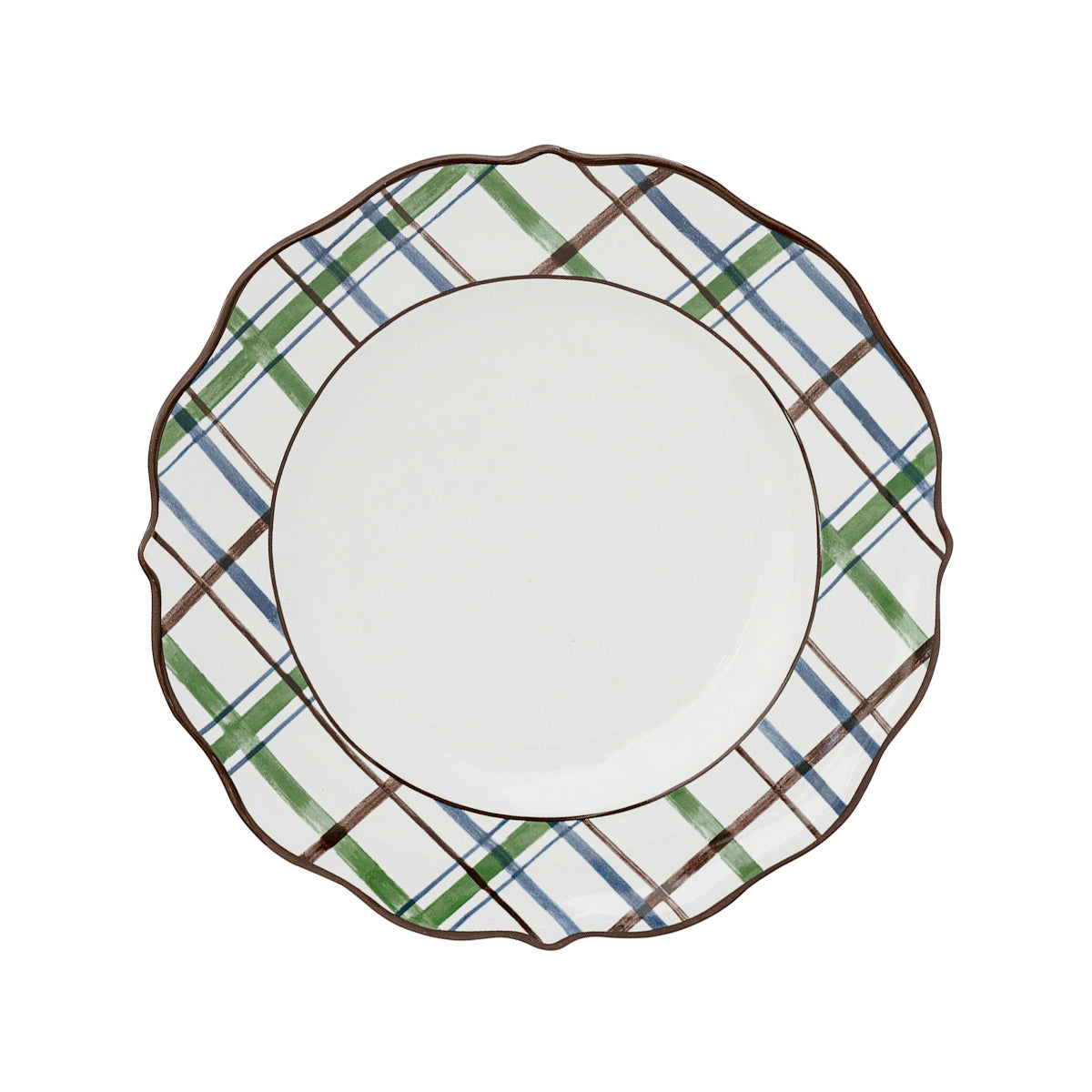 Juliska and Veronica Beard bring you a collaboration of dinnerware inspired by the colors and patterns of the Iberian coast. This dessert/salad plate features a sweetly scalloped silhouette and is banded with a Tartan plaid motif in handsome hues of brown, blue and green.