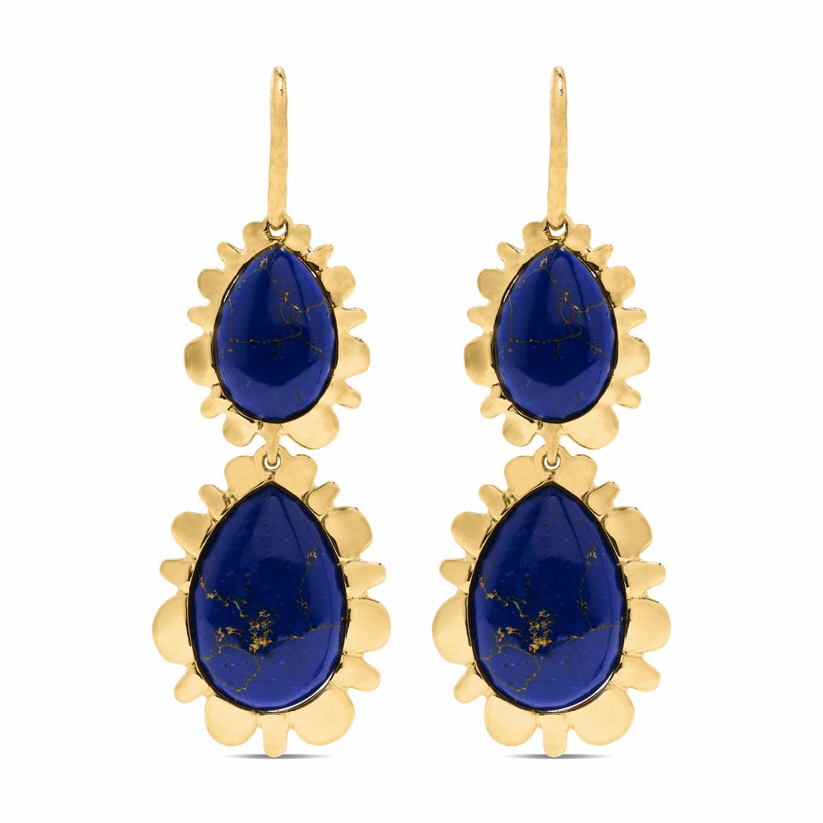 Gold double drop earrings with dark blue labradorite.