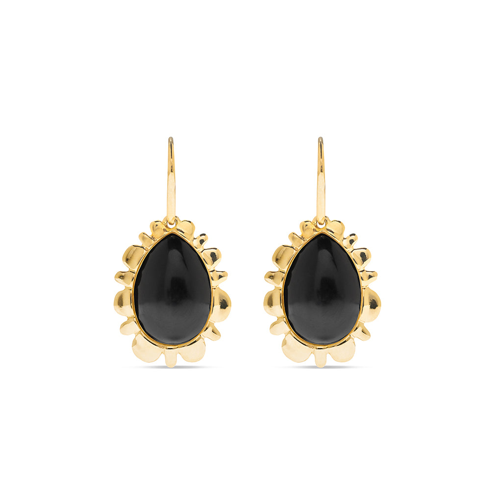 Gold drop earrings with onyx inlaid.