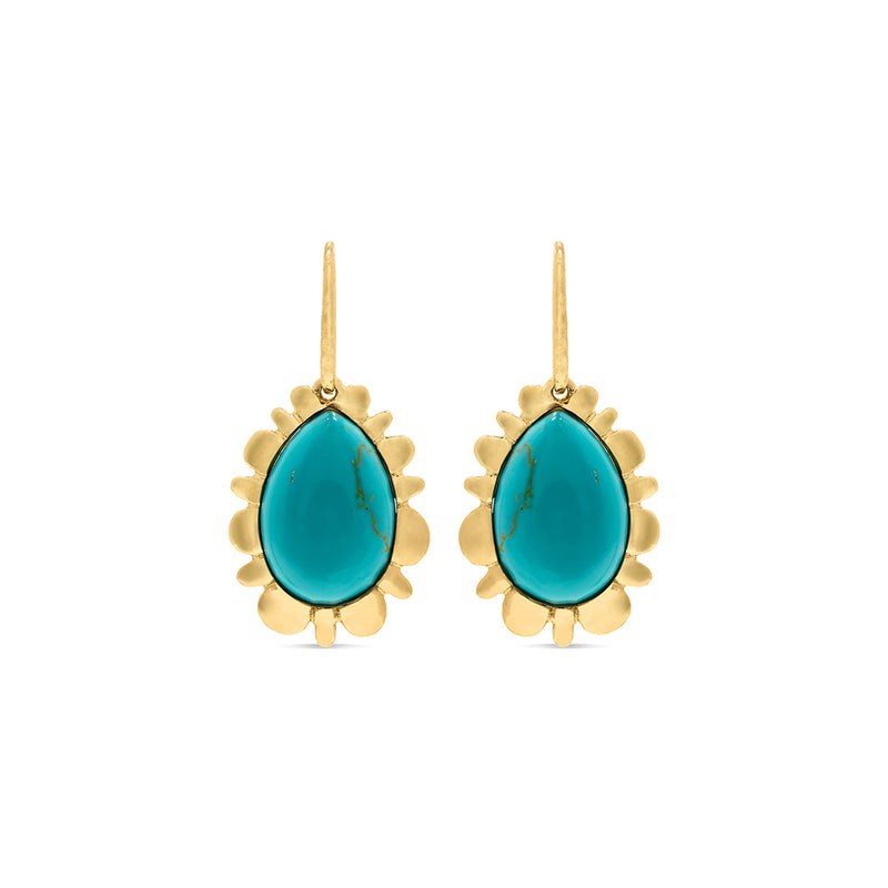 Gold drop earrings with turquoise inlaid.