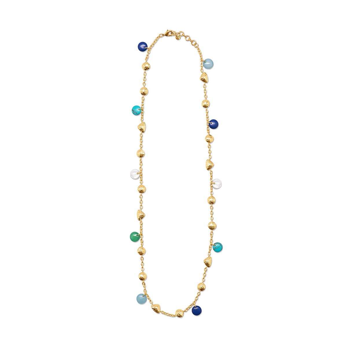 Necklace with gold beads and multicolored stones on a white background