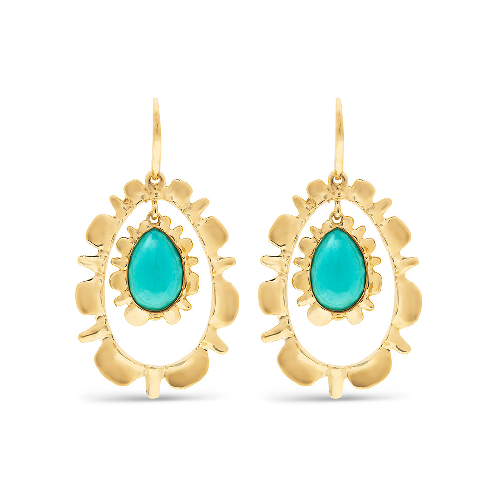 Gold ruffle drop earrings with turquoise.
