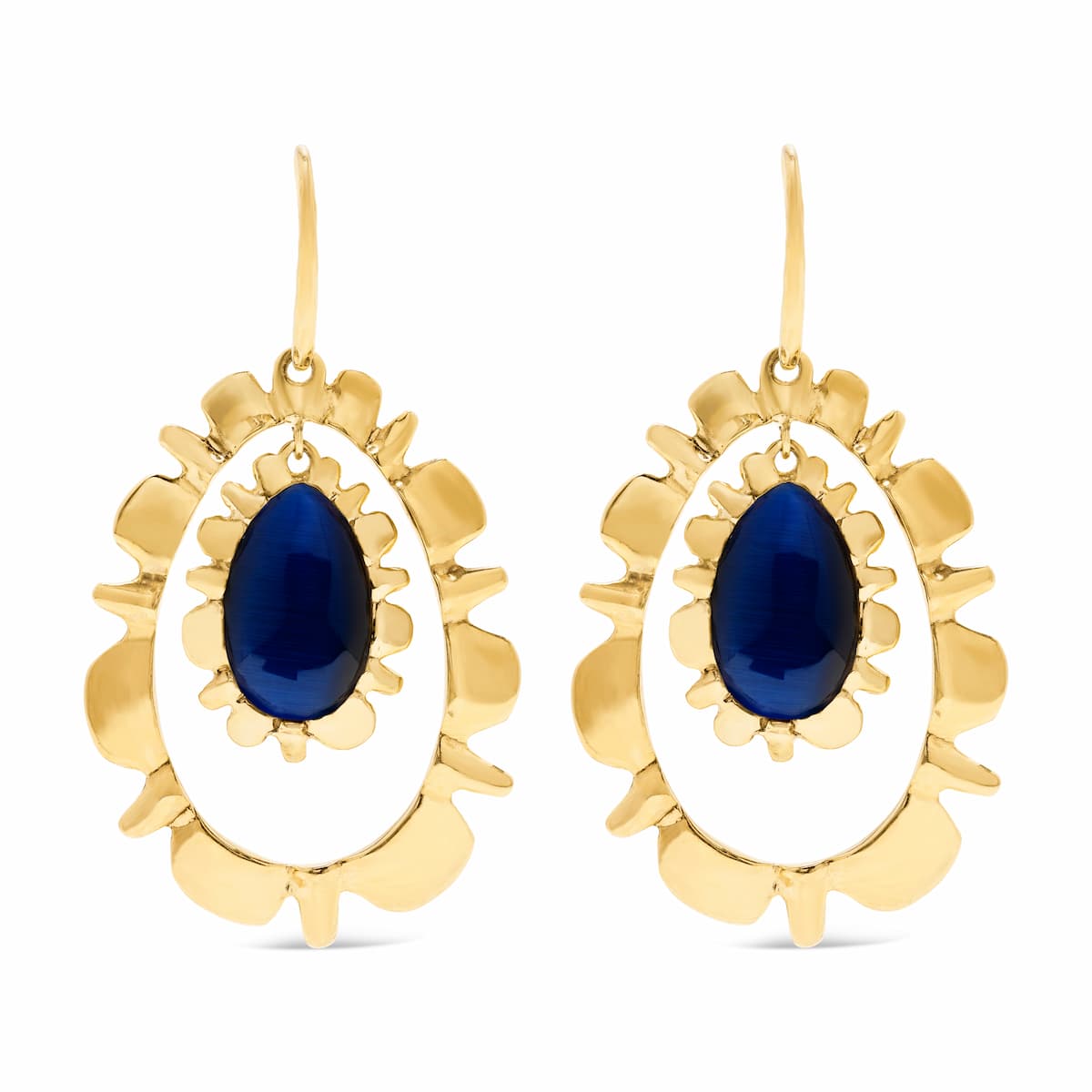 Gold floating drop earrings with dark blue labradorite.