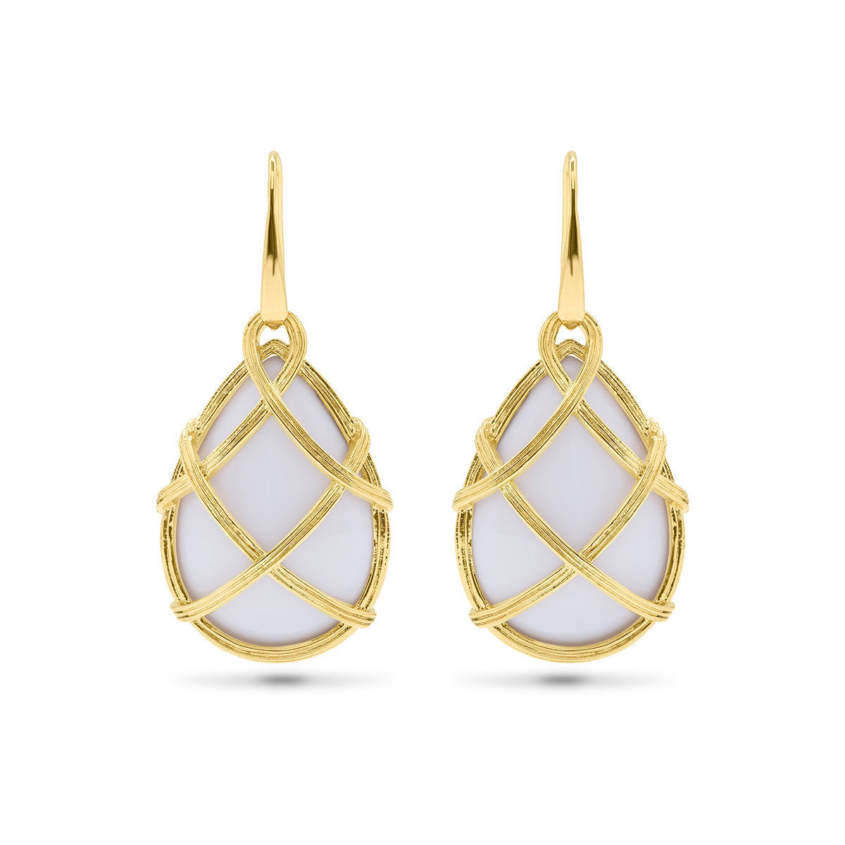 Wrapped in lustrous gold lattice, these glossy white resin drops are a timeless accessory to be worn with every outfit in every season.  