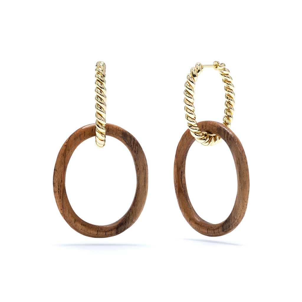 Naturally beautiful, each lustrous teak wood drop is delicately hand carved and adorned in golden bands. From our Earth Goddess Collection, you'll look amazing in these earrings while being reminded to drink in the fresh air and stay grounded.