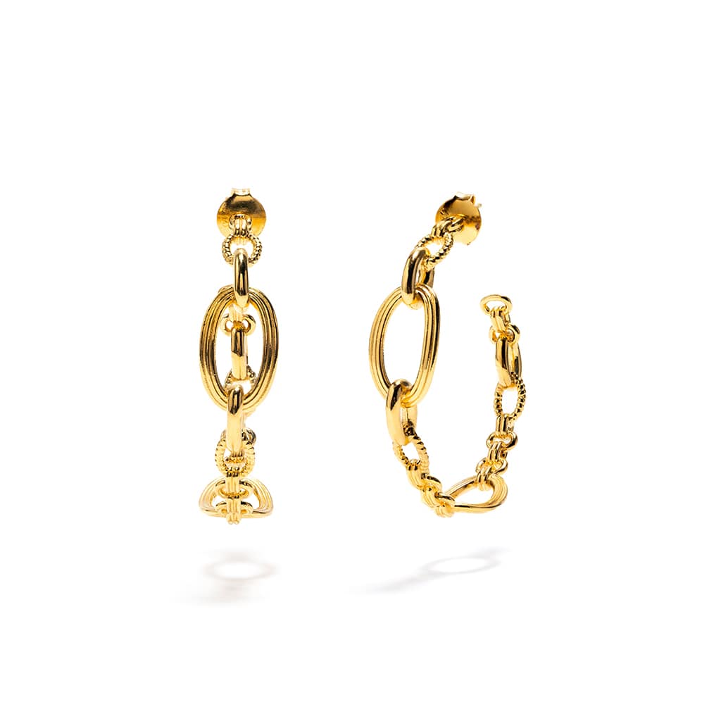 Pair of gold hoop earrings on a white background