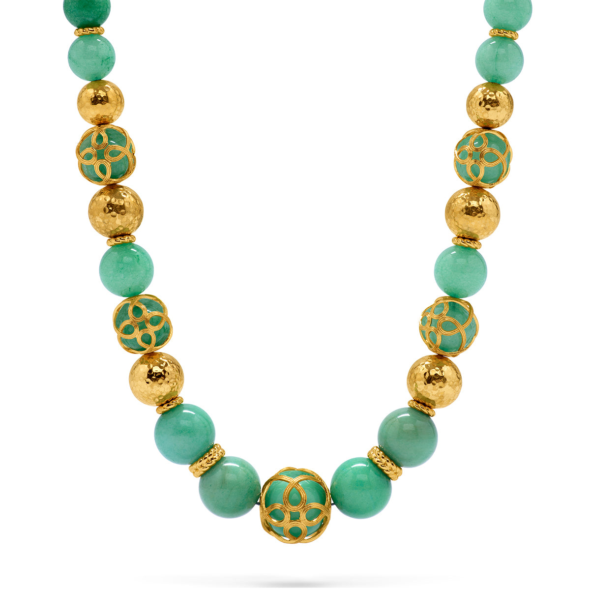 Elizabetta Cage bead necklace made with gold and green apple jade.
