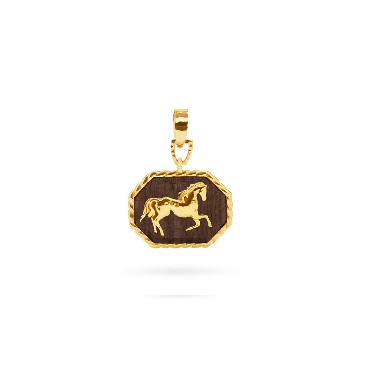 Teak pendant with gold shaped like a galloping horse.