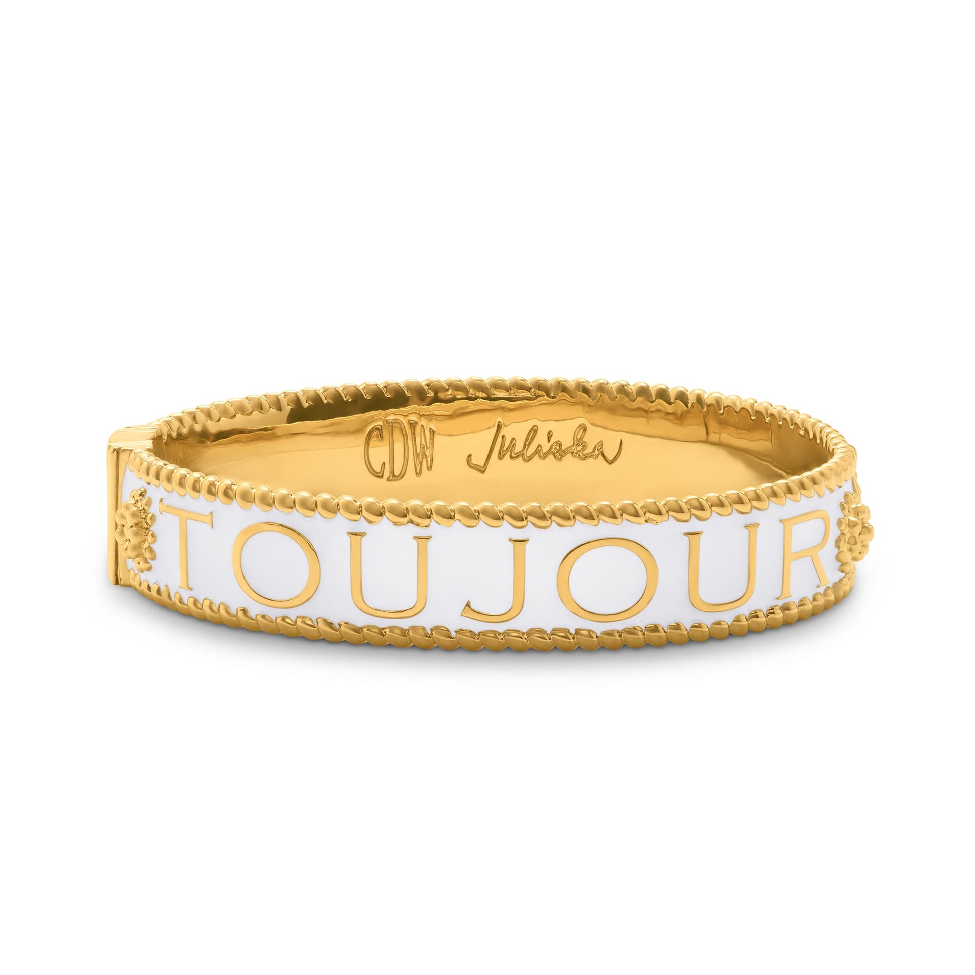 Gold and white bracelet with 'Toujours' engraving on a white background