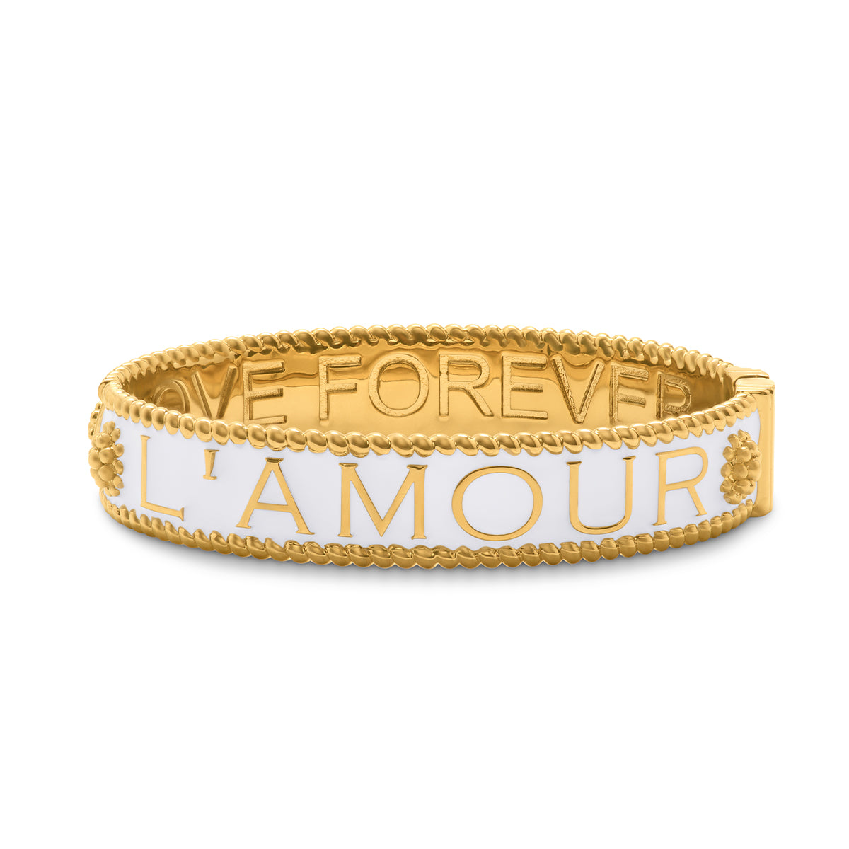 Gold bracelet with 'L'AMOUR' and 'LOVE FOREVER' text on a white background