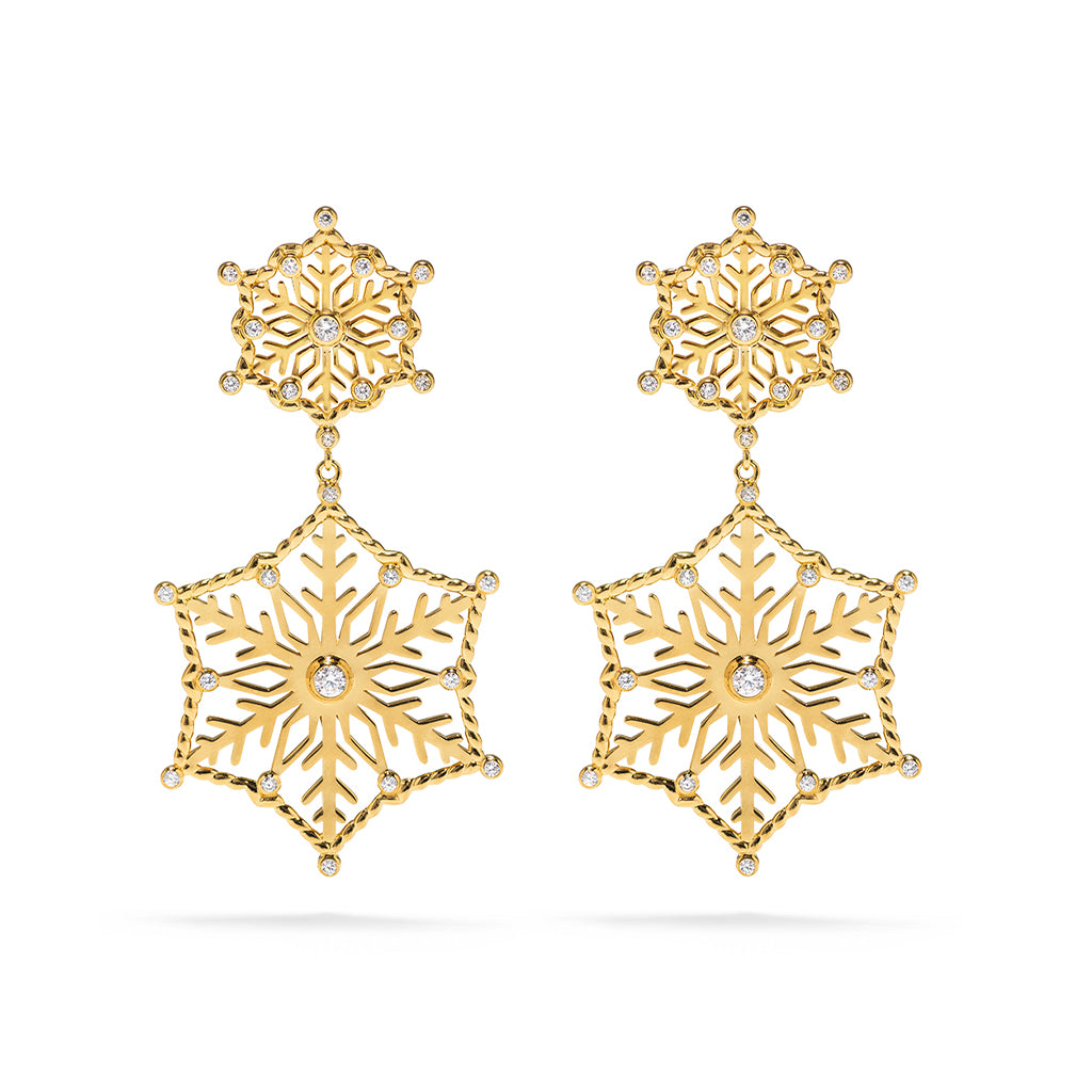 Gold earrings designed like snowflakes.