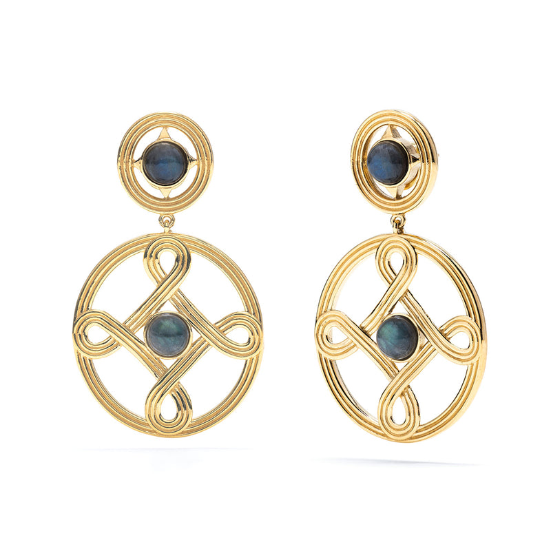 Gold double earrings with grey labradorite inlaid.
