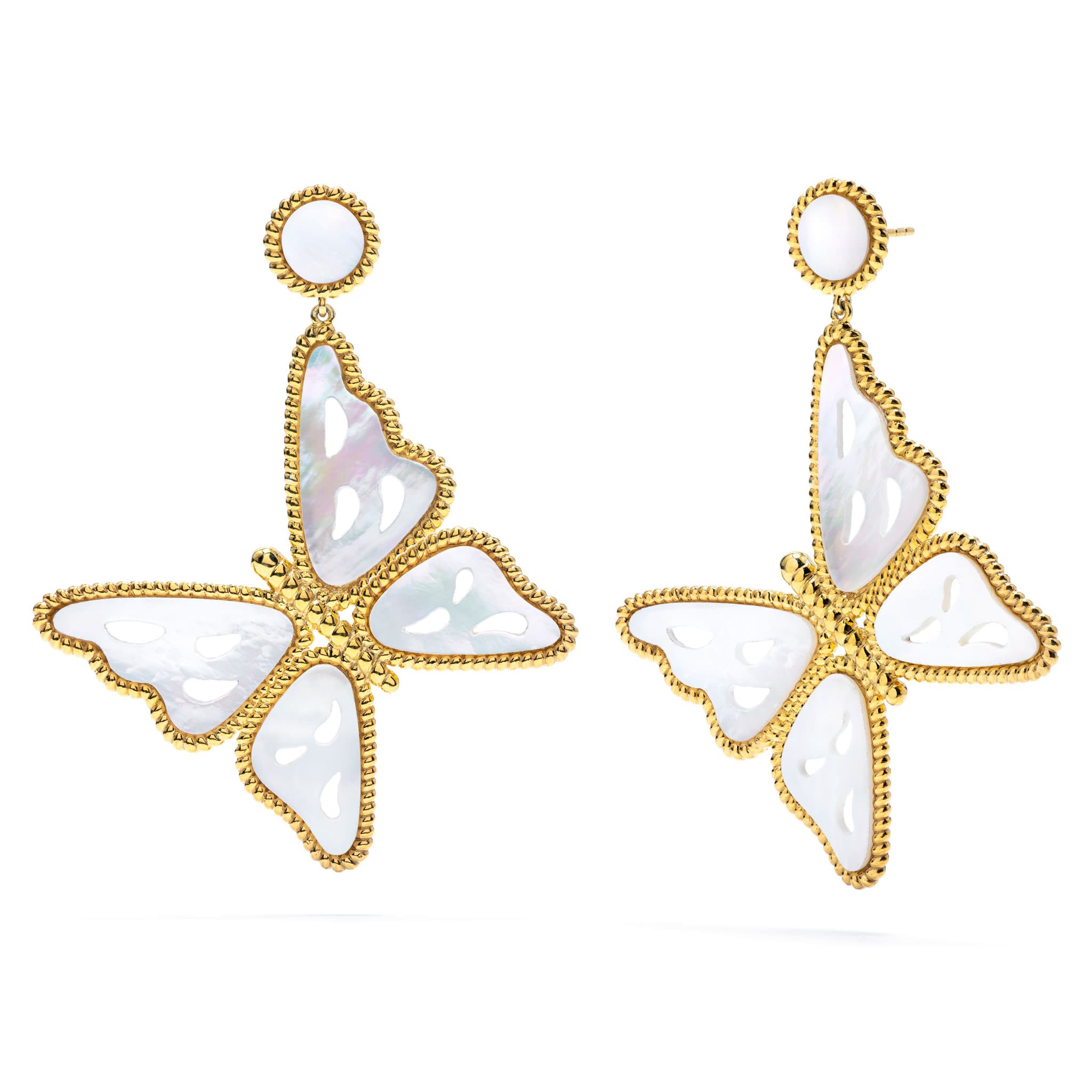 Earrings shaped like butterflies, made with gold and mother of pearl.