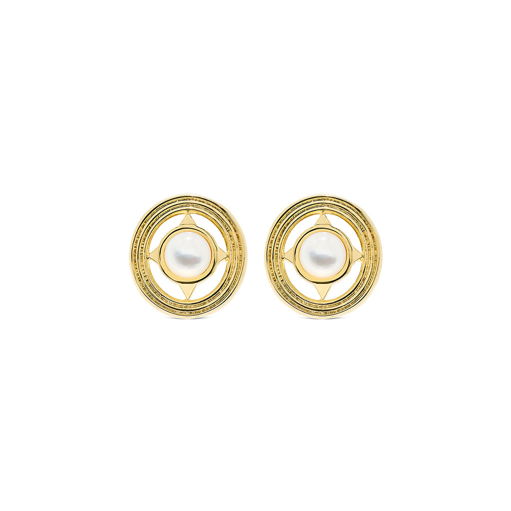 Gold stud earrings with mother of pearl inlaid.