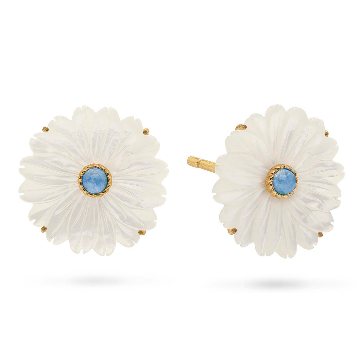 A pair of daisy-shaped stud earrings featuring white mother-of-pearl petals, gold-tone metal borders, and a central round light blue gemstone, shown on a clean white background.