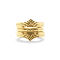 Set of 3 gold rings. The top and bottom ring flare out from the middle hammered gold ring.