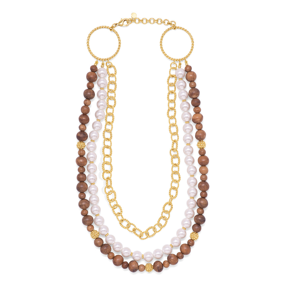 A multi-strand necklace featuring white faux pearls, brown wooden beads, and gold-tone chain links and circular ring connectors, displayed on a solid white background.
