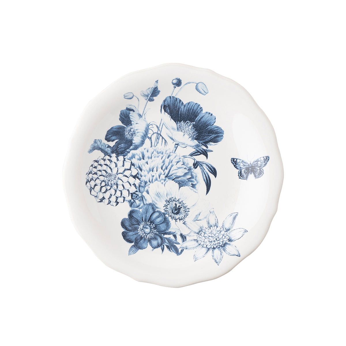 Festooned with a burst of elegant florals and a single butterfly, in soft shades of chambray blue, this dish is perfectly sized for nibbles and sides. The subtly scalloped rim gives it a feminine silhouette that makes it equally lovely as a layering piece or on its own. 
