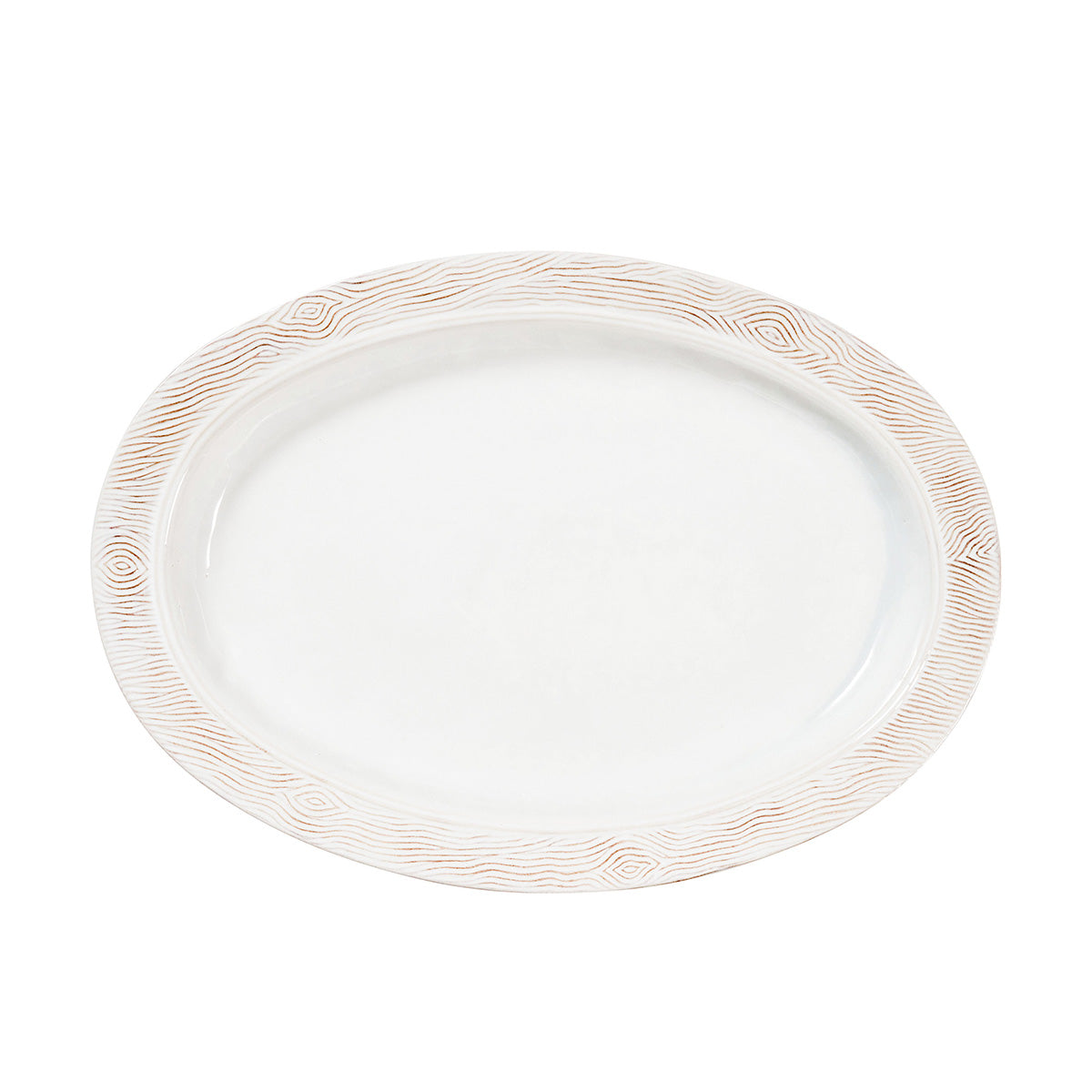 White oval platter with decorative brown rim on a white background