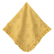 A yellow eyelet cotton napkin with a ruffled border, shown on a solid white background.