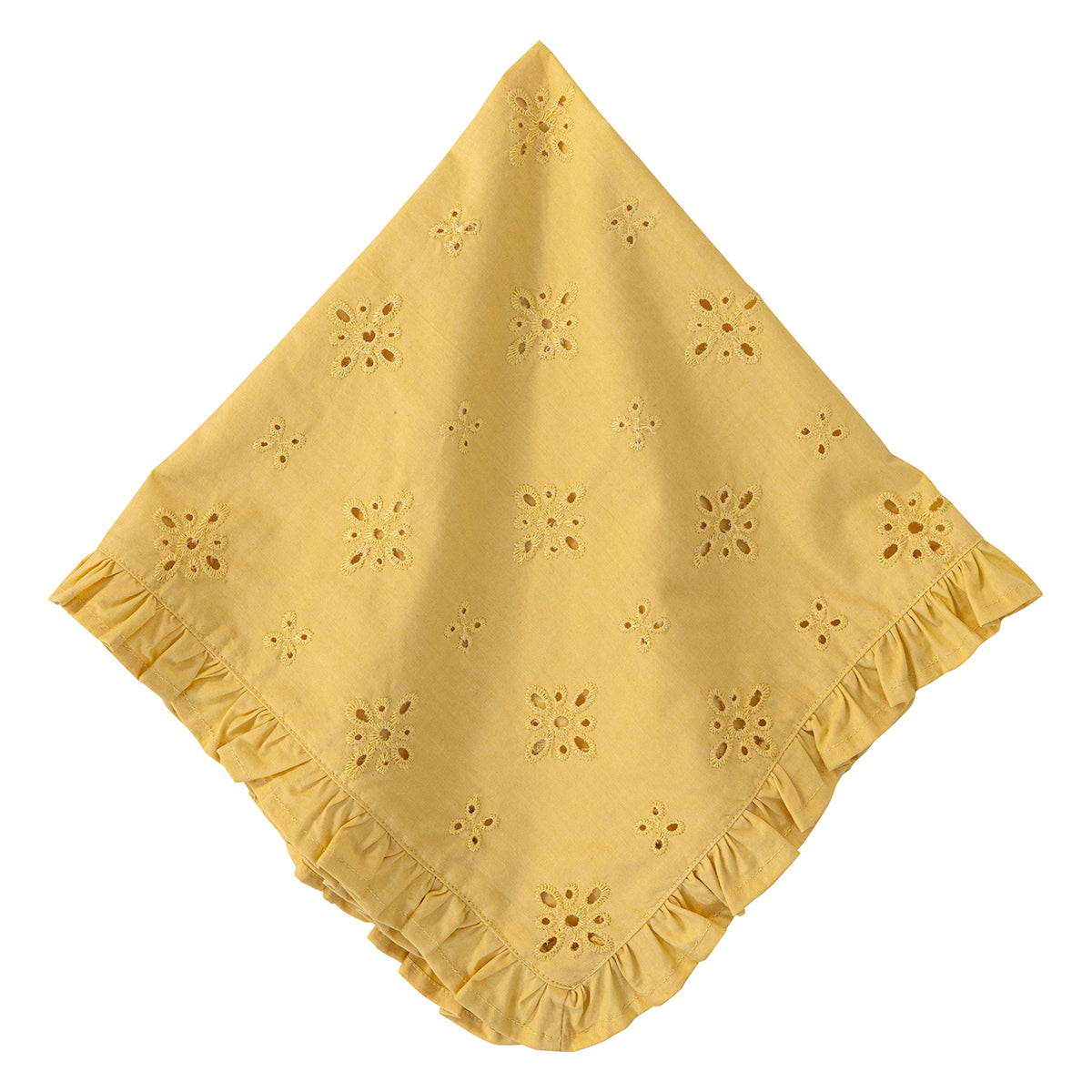 A yellow eyelet cotton napkin with a ruffled border, shown on a solid white background.