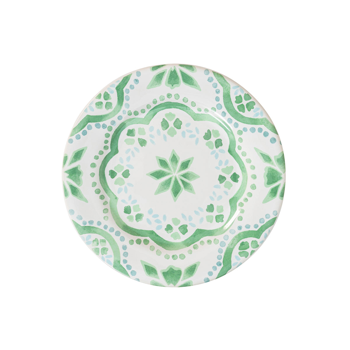 The beguiling pattern of this side/cocktail plate was inspired by the intricately painted tiles we found on an escapade to the Iberian Coast and makes an eye-catching accent piece for tablesettings. Featuring a verdant palette of soft sage and sky-blue hues that are both refreshing and soothing - you will want to use this gorgeous green plate for serving appetizers, tapas, and sides.