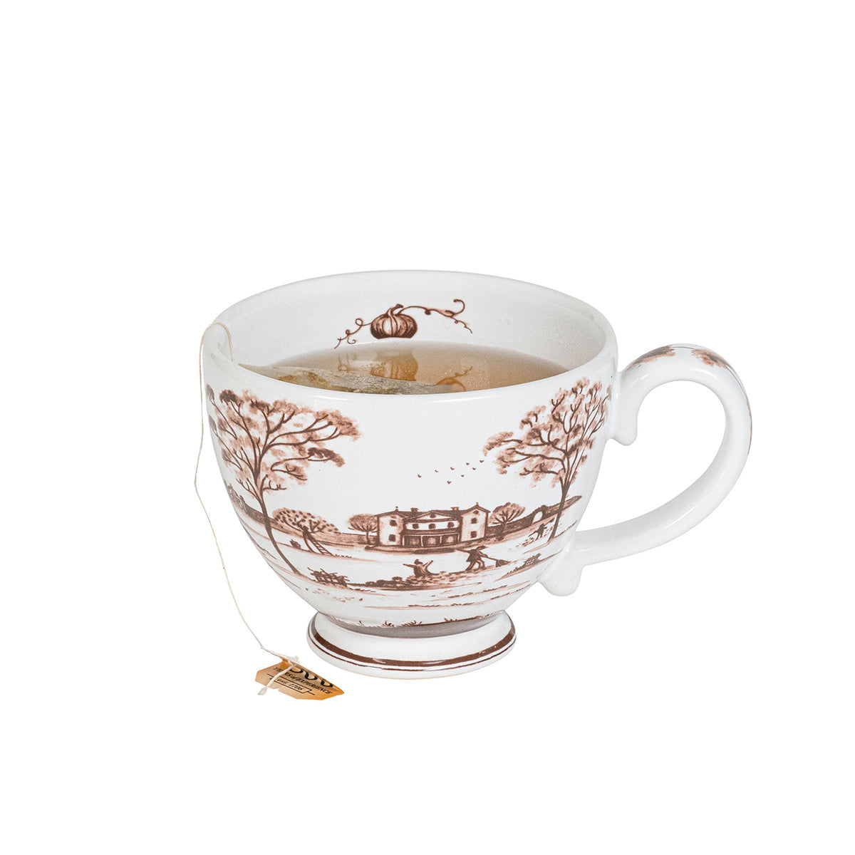 Tea cup with decorative design and tea bag on a white background