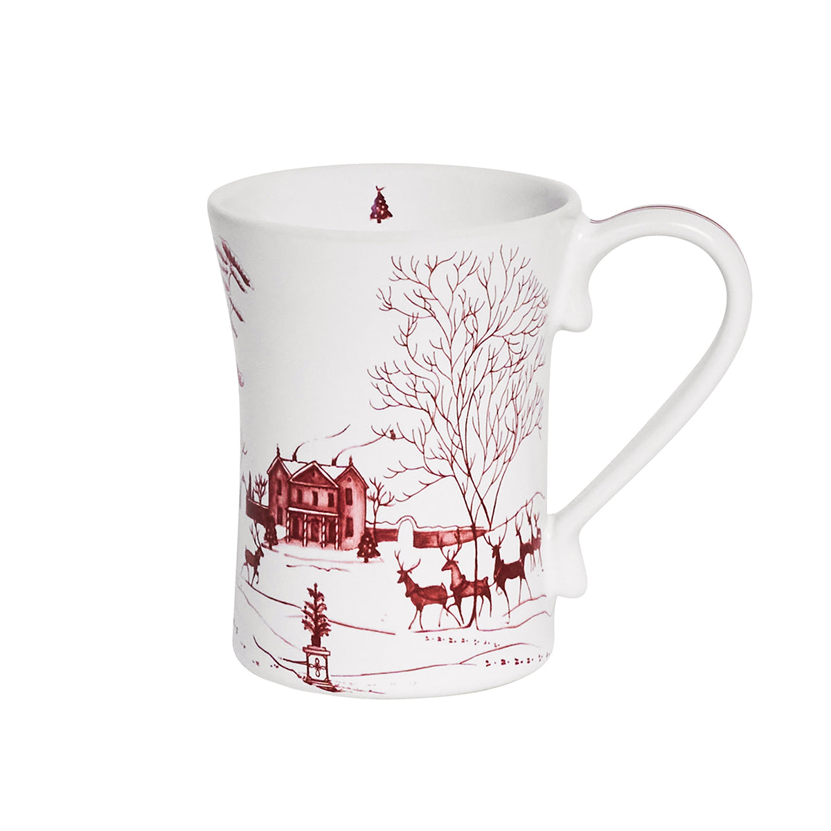 White mug with red winter scene design on a white background