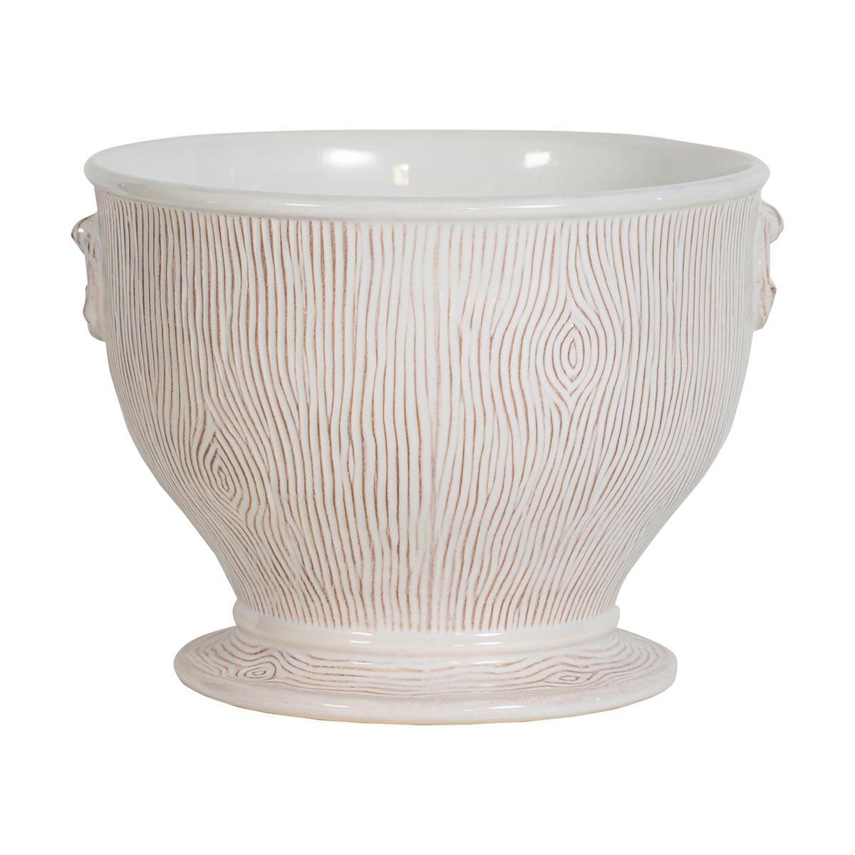 Filled with flowers, herbs, or evergreens, this cachepot is designed for all occasions and all seasons -- you’ll want one (or better yet, a pair!) on hand for a fresh infusion of natural beauty to grace your tabletop, entryway, mantel or nook. Done in our elegant and enchanting woodgrain motif in a peaceful palette of creams and warm browns with our signature whitewash glaze and a warm patina, to easily mix and match with other patterns and collections.
