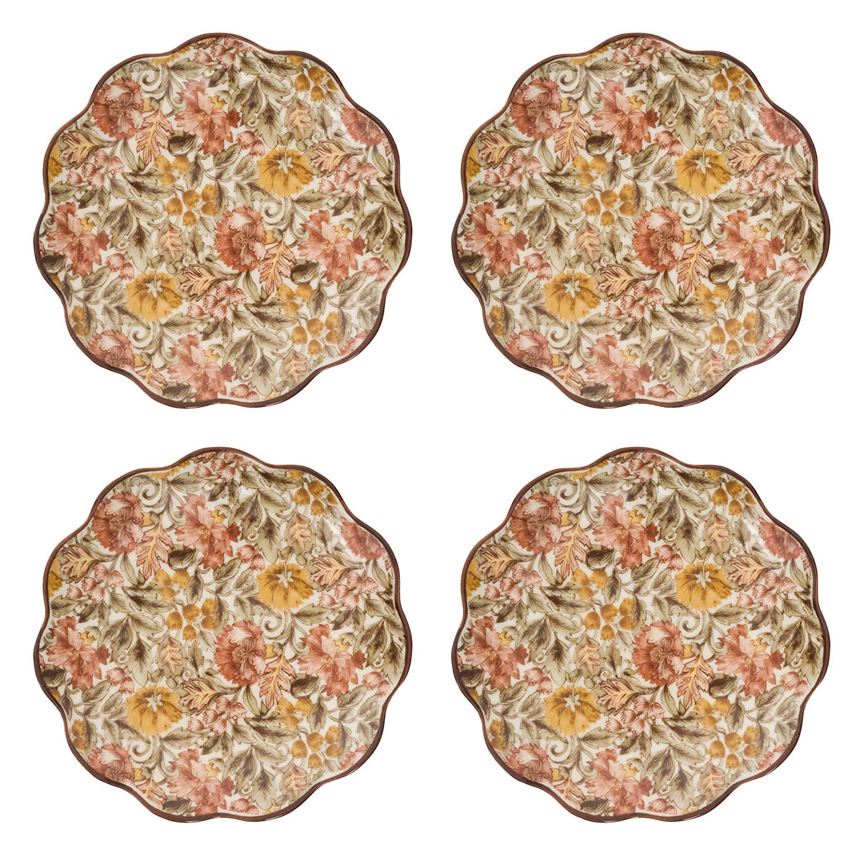 Four floral-patterned plates on a white background