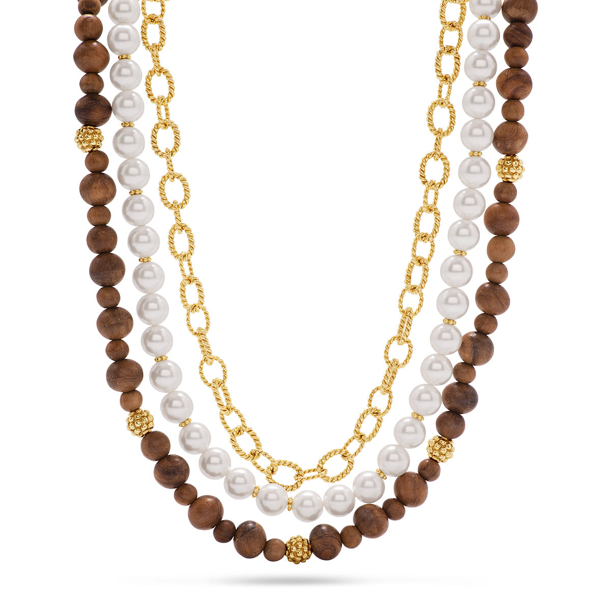 Three layered necklaces with wooden beads, pearls, and gold chains on a white background