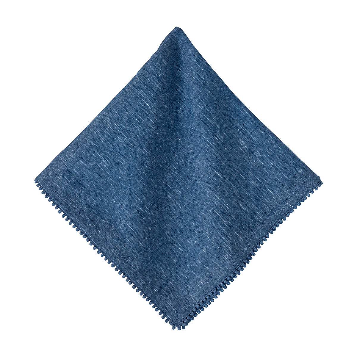 A folded blue woven fabric napkin with a textured linen-like surface and a decorative zigzag stitched border, displayed on a clean white background.