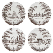 Four round ceramic coasters with black and white landscape designs on a white background.