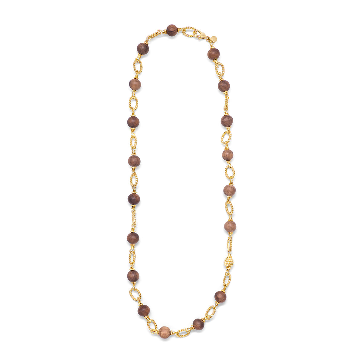 A long beaded necklace featuring alternating round brown beads and textured gold oval links, displayed on a clean white background.