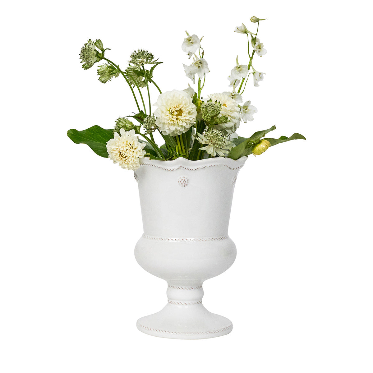 White decorative vase with flowers on a white background